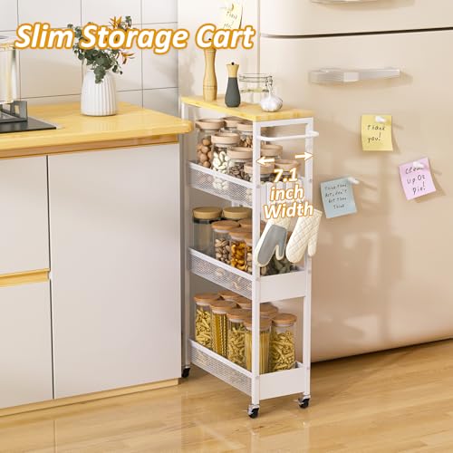 7.1" Wide Slim Storage Cart on Wheels, 4 Tier Metal Narrow Rolling Cart with Handle and Wood Top, Multifunctional Small Mobile Shelf Unit Organizer Trolley for Laundry, Bathroom, Kitchen