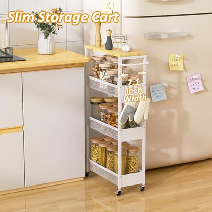 7.1" Wide Slim Storage Cart on Wheels, 4 Tier Metal Narrow Rolling Cart with Handle and Wood Top, Multifunctional Small Mobile Shelf Unit Organizer Trolley for Laundry, Bathroom, Kitchen
