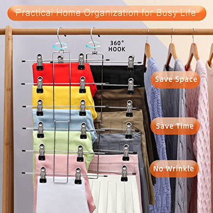 3 Pack Pants-Hangers-Space-Saving, 6 Tier-Closet-Organizers-and-Storage | Skirt Hangers with Clips, Closet-Organizer-Clothes-Organization Jeans Scarf Hangers,College-Dorm-Room-Essentials Decor