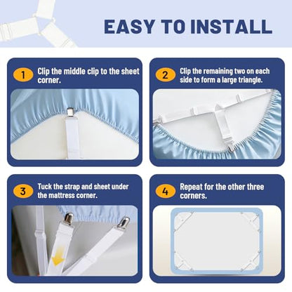 Adjustable Bed Sheet Straps, Elastic Fasteners with Metal Clips, Sheet Grippers and Corner Keepers for Mattress Cover, Firm Tight Mattress Sheet Suspenders (Triangle White 8 Pcs)