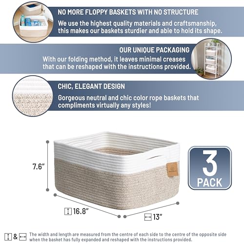 Storage Baskets 16.8”x13”x7.6” Cotton Rope Woven Baskets for Organizing 3-Pack | Toy Storage Bins | Basket for Shelves, Laundry, Blanket, Clothes, Closet, Kitchen, Bathroom, Gifts