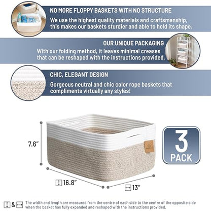 Storage Baskets 16.8”x13”x7.6” Cotton Rope Woven Baskets for Organizing 3-Pack | Toy Storage Bins | Basket for Shelves, Laundry, Blanket, Clothes, Closet, Kitchen, Bathroom, Gifts