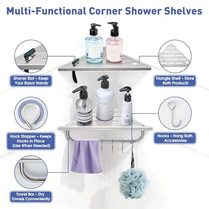 Shower Corner Shelf, 10'' Corner Shower Shelf with Towel Bar & Hooks, 2-Pack 304 Stainless Steel Recessed Bathroom Shelves, No Drilling for Tiled Wall (Brushed Nickel)