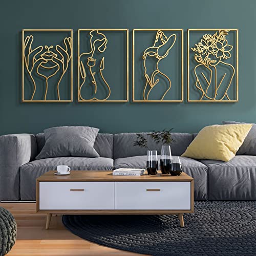 4 Pack Gold Wall Art Decor, Minimalist Single Line... (4 Count | Metal)