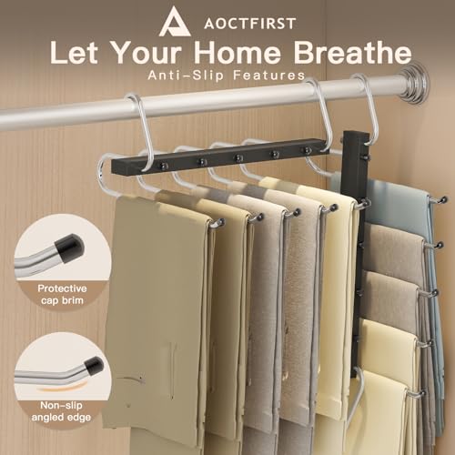 4 Pack Pants Hangers Space Saving,Closet Hanger Space Saver,Black | Stainless Steel , 5 Multi Tiers,Compact Hanging Jeans Organizer,Vertical Pant Rack for Jean Leggings Trousers,Scarf