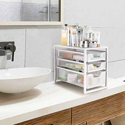 Simple Trending Under Sink Organizer 3-Tier with Sliding Storage Drawer | Multi-Purpose Desktop Organizer, Metal Cabinet Organizer for Kitchen Bathroom Office, Stackbale, Space Saving, White