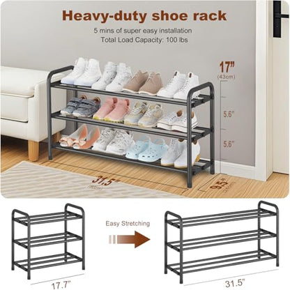 Expandable 3-Tier Shoe Rack for Closet & Entryway, Metal Shoe Organizer | Expandable • Adjustable Width • Holds 12 Pairs • Heavy-Duty Metal • Tool-Free Assembly • Fits Small Spaces
