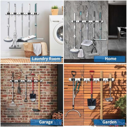 Broom Holder Wall Mount, Stainless Steel Broom Hanger Wall Mount, Heavy Duty Mop and Broom Holder Tool Racks Utility Hooks for Laundry Room Garden Garage, Grey (5 Racks and 4 Hooks)