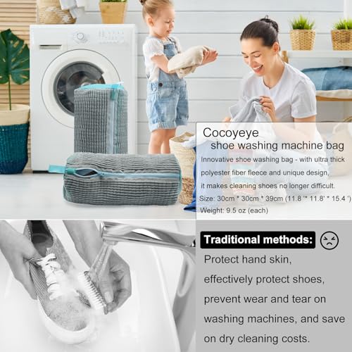 Shoe Washing Machine Bag, Laundry Shoe Bag for Washer and Dryer, Reusable Zipper Plush Sneaker Washing Machine Bag for Shoes, Gym,Tennis Shoes, Sports Delicate Gray 2pc