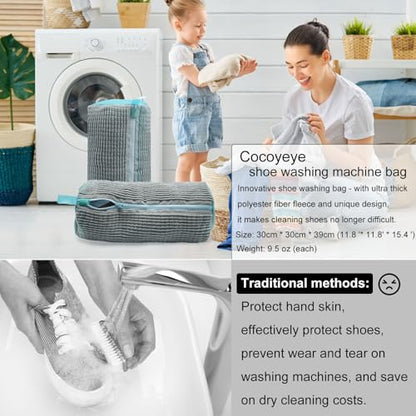 Shoe Washing Machine Bag, Laundry Shoe Bag for Washer and Dryer, Reusable Zipper Plush Sneaker Washing Machine Bag for Shoes, Gym,Tennis Shoes, Sports Delicate Gray 2pc
