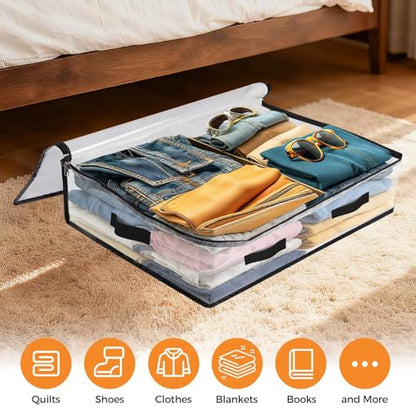 6 Pack Under Bed Storage Bags, 60L Foldable Clear Containers with Handles | Dual Zipper Storage Bins for Comforters, Bedding, Blankets, Closet Organizer for Clothes, Linen Sheets, Sweaters
