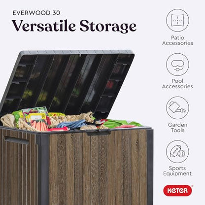 Keter Premium Everwood 30 Gal Outdoor Storage Box and Patio Side Table | Walnut, Resin, Compact, Weatherproof, Lockable, Durable, Easy Assembly, Organization, Patio Cushions Storage