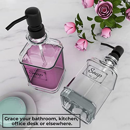 2 Pack Soap Dispenser, 18 Oz Antique Design Thick Glass Hand Dispensers; with 304 Rust Proof Stainless Steel Pump, 6Pcs Clear Stickers, for Kitchen, Bathroom- Black