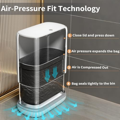 Bathroom Trash Can with Lid, 3 Gallon Small Slim Garbage Bin with Auto-Adsorption & 75 Bags (5 Rolls), Mini Waste Basket Dog Proof for Bathroom, Kitchen, Office, Bedroom, Laundry, Toilet, Rv, White