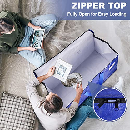 StorageRight Moving Bags, Moving Boxes, 93L 4-Pack Sotrage Bags Totes, Blue | Heavy Duty Storage Bins with Lids, Zipper, Reinforced Handles, Tag Pocket, Foldable Moving Supplies for Collge, Dorm,Travel