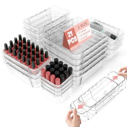 21 PCS Extendable Drawer Organizer Set Clear Stackable Vanity Storage Bins | 3-Size BPA-Free Acrylic Trays, Non-Slip Durable Boxes for Makeup Cosmetics Office Desk Utensils Bathroom Dresser Countertop