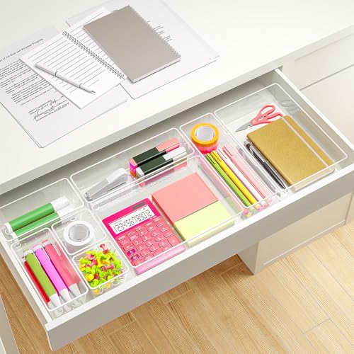 45Pack Makeup Drawer Organizers Set, 4Sizes acrylic desk organizer trays for vanity, bathroom, office, nightstand, junk for kitchen drawer, Versatile plastic drawer divider storage bins