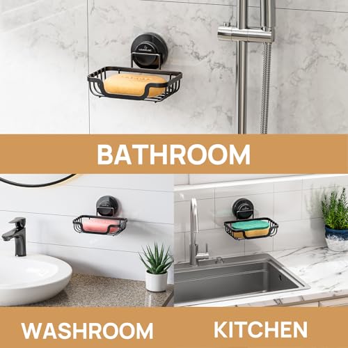 Soap Dish, Soap Bar Holder for Shower Suction Cup Wall Mounted | Stainless Steel No-Drilling Removable Waterproof Sponge Holder for Bathroom Bathtub Kitchen Sink, Keep Dry, Black