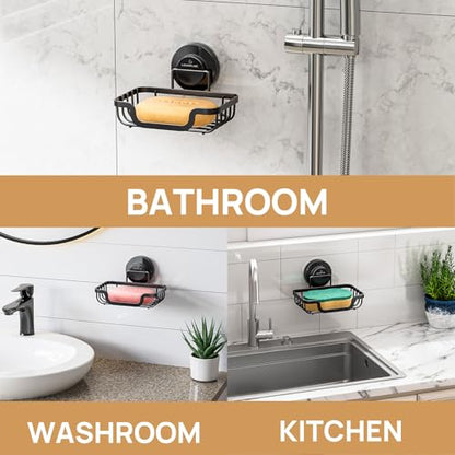 Soap Dish, Soap Bar Holder for Shower Suction Cup Wall Mounted | Stainless Steel No-Drilling Removable Waterproof Sponge Holder for Bathroom Bathtub Kitchen Sink, Keep Dry, Black