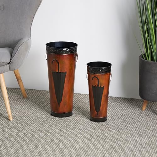 Deco 79 Metal Umbrella Stand with Umbrella Image and Handles, Set of 2 21", 17"H, Brown
