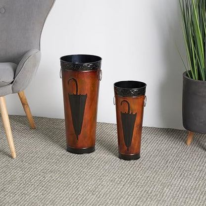 Deco 79 Metal Umbrella Stand with Umbrella Image and Handles, Set of 2 21", 17"H, Brown
