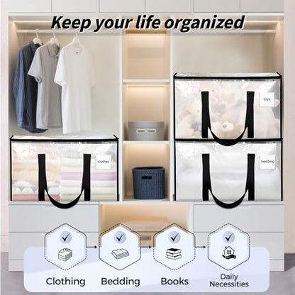 8 Pack Extra Large Clothes Storage Bins with Lids, Storage Bags with Reinforced Handles & Heavy-Duty Zippers, Moving Bags, Moving Boxes Totes for Clothes Packing, Dorms, College Supplies, Clear