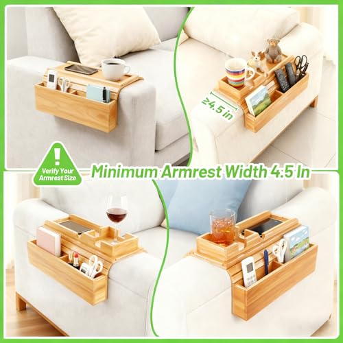 Bamboo Couch Arm Tray Sofa Armrest Tray Cup Holder,2-in-1 Couch Armrest Tray with Slide Detachable Tray,Couch Caddy,Slip Foldable Sofa Table,Phone Stand,Book Holder (Bamboo)