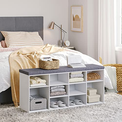 Shoe Storage Bench with Cushion, 40.9" Cubby Shoe Rack, 12-Cubby | Entryway Shoe Organizer Bench, Adjustable Shelves for Boots, Removable Washable Cushion, Closet/Hallway/Bedroom/Garage, White