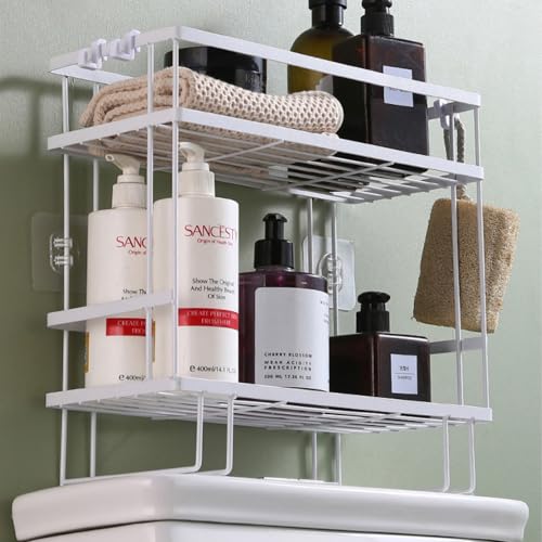 PowerKing Over The Toilet Storage Shelf, 2-Tier Bathroom Organizer, White | No Drill Installation, Rust Resistant Steel, 2 Hanging Hooks, Toilet Paper Holder, Restroom & Bathroom Space Saver