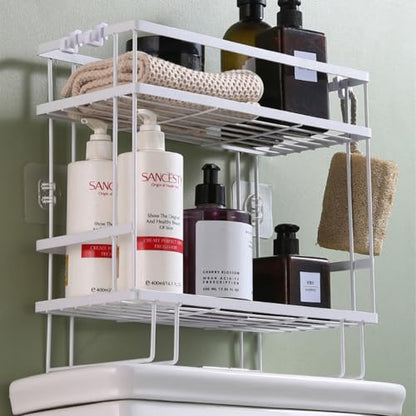 PowerKing Over The Toilet Storage Shelf, 2-Tier Bathroom Organizer, White | No Drill Installation, Rust Resistant Steel, 2 Hanging Hooks, Toilet Paper Holder, Restroom & Bathroom Space Saver