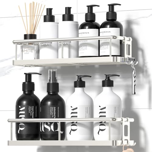 Shower Caddy Adhesive, Rustproof Shower Organizer, Large Capacity Shower Shelves for Inside Shower, No Drilling Bathroom Organizers and Storage for Home Decor （2 Pack Silver）