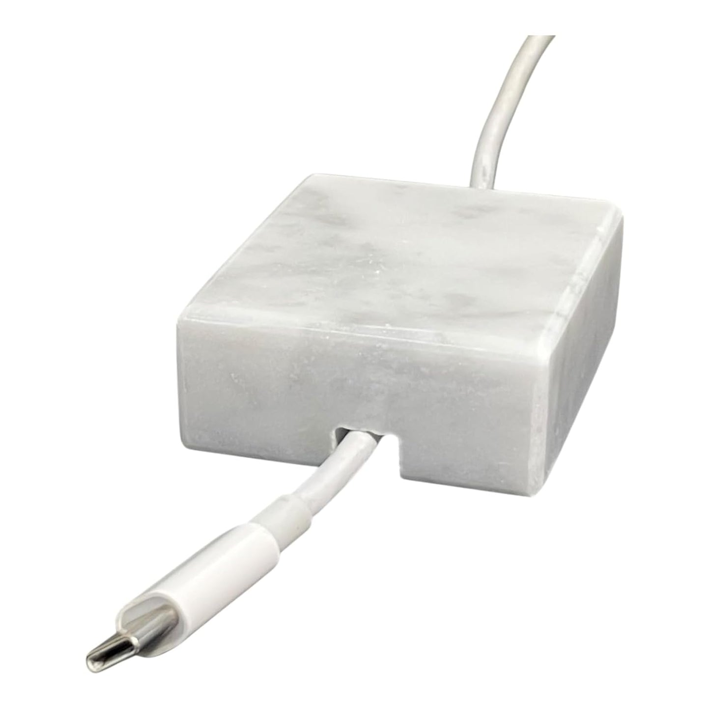 Cord Organizer – Polished Marble Cable Tidy, Single | Handmade polished white marble cord holder keeps a charging cable tidy on your desk. Weighted, non-slip. Single slot.