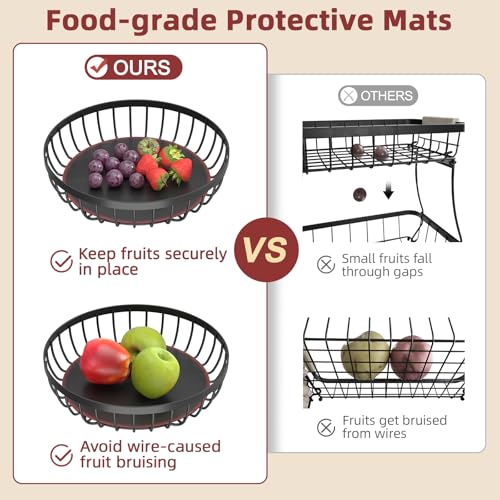 2 Tier Large Fruit Bowl for Kitchen Counter with 2 Banana Hangers | Sturdy Metal Basket for Fruit, Bread & Onions, Modern Wire Fits Various Styles, Includes Food-Safe Mats to Keep Produce Fresh