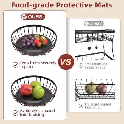 2 Tier Large Fruit Bowl for Kitchen Counter with 2 Banana Hangers | Sturdy Metal Basket for Fruit, Bread & Onions, Modern Wire Fits Various Styles, Includes Food-Safe Mats to Keep Produce Fresh