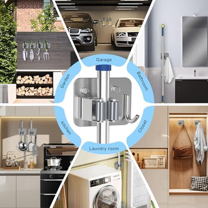 4 Pack Stainless Steel Mop and Broom Holder Wall Mount with Hook, Silver | Screw Drilling or Self Adhesive Storage Rack for Closet Laundry Garage Garden Tool Organizer