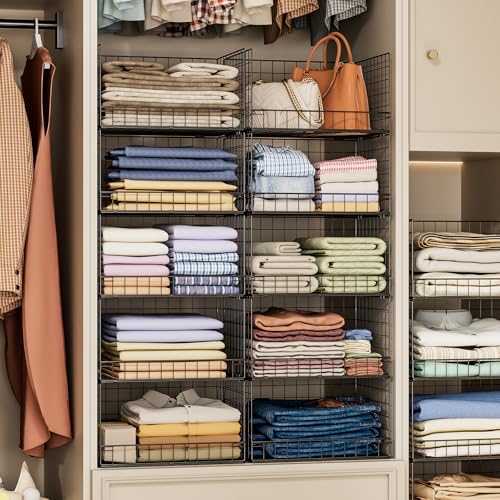 5-Tier Stackable Closet Organizers and Storage Shelves, Closet Shelf Organizer Basket Bins, Foldable Sweater Storage for Closet Organizer System, Black(Patent 30022416)