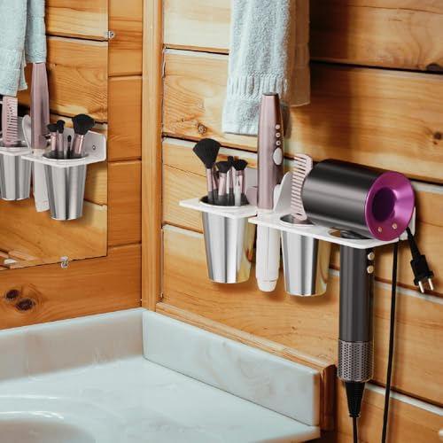 Hair Tool Organizer Wall Mount, White Acrylic Hot Tool Holder with 2Cups, Bathroom Hair Styling Accessories Storage Organizer for Flat Iron, Blow Dryer, Curling Wand
