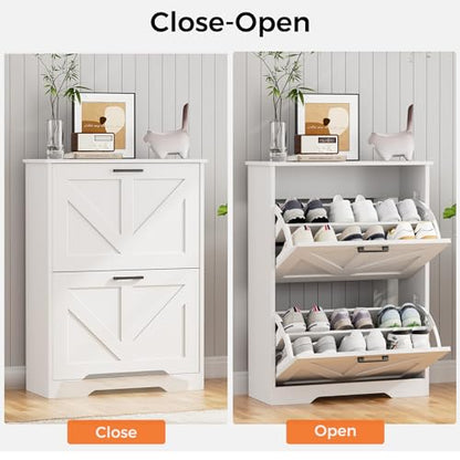 Farmhouse Shoe Cabinet for Entryway, 2 Barn-Style Flip Drawers | Narrow Shoe Storage Organizer, Top Display Shelf, Adjustable Shelves, Shoe Rack, for Hallway Closet, 24" Wide, White