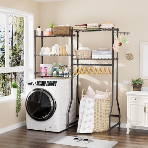 Laundry Organizer Shelves Over the Washer and Dryer Storage Shelf | Heavy Duty Laundry Room Organization Clothes Drying Rack Adjustable Height Wire Shelving and Wire Basket with Hanger Rod