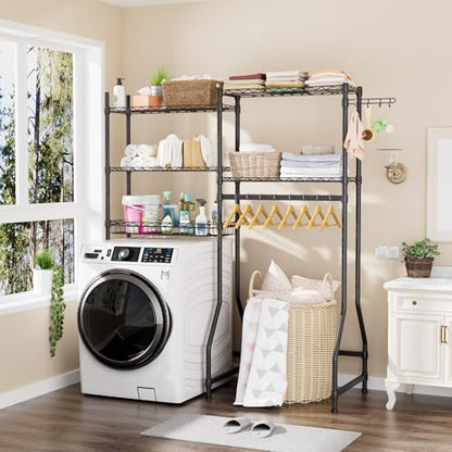 Laundry Organizer Shelves Over the Washer and Dryer Storage Shelf | Heavy Duty Laundry Room Organization Clothes Drying Rack Adjustable Height Wire Shelving and Wire Basket with Hanger Rod