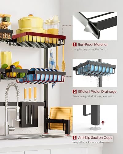 Dish Drying Rack - Over The Sink Dish Drainer Drying Rack with Utensil & Knife Holder, Hooks, Stainless Steel Kitchen Organizers and Storage Solution, 11.8" D x 31.5"~39.0''W x 30" H, Black