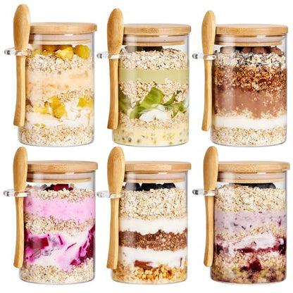 6 Pack Overnight Oats Containers with Bamboo Lids and Spoons - 22 oz Airtight Glass Jars with Lid, Meal Prep Jars for Chia Pudding, Yogurt, Salad, Cereal, Coffee, Flour | Food Storage Canister