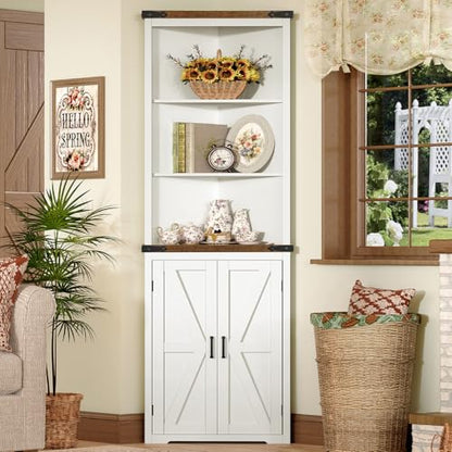 Farmhouse Corner Cabinet, 70" H Tall Corner Hutch with 5 Shelves & 2 Barn Doors, Bathroom Cabinet with Adjustable Shelf, for Living Room, Kitchen, Bathroom, White