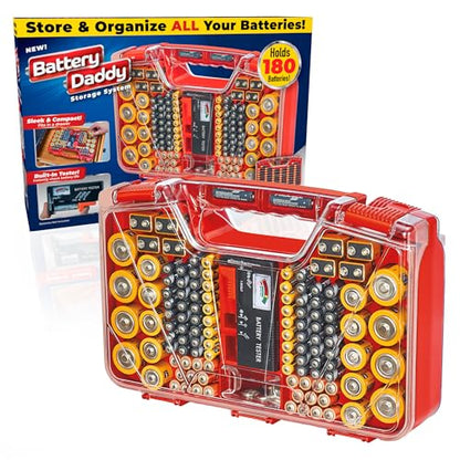 Ontel Battery Daddy Storage & Organizer Case w/Tester, Stores & Protects Up to 180 Batteries, Double-Sided, Clear Locking Lid, Secure Latches & Portable Carrying Handle - Red (Batteries Not Included)