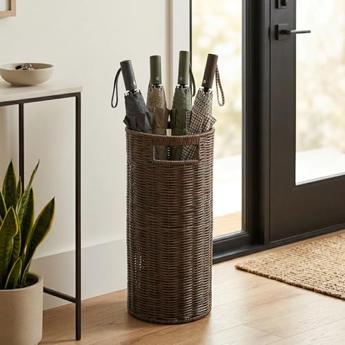 Rattan Umbrella Holder for Entryway with Drip Tray, Round Umbrella Stand for Indoor & Outdoor, Tall Wicker Basket for Storage, Woven Organizer for Home, Office, Hotel, Shop, Brown