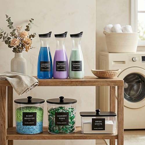 Laundry Room Organization Set, 3 Containers, 3 Dispensers, Black | 3 liquid laundry detergent dispensers, 2 laundry pods containers, 1 dryer sheet holder, with wood lids, labels and scoops