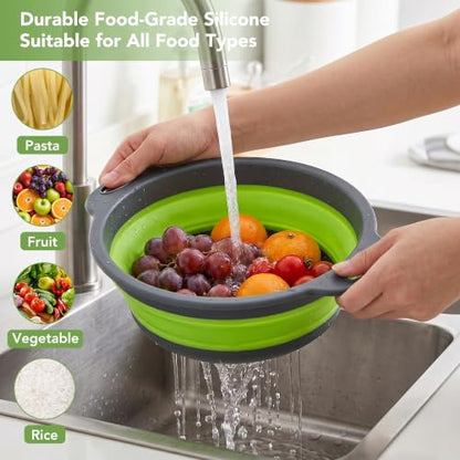 3-Pack Collapsible Colander for Kitchen with Self-Draining Base Foldable Strainers Set Round Silicone Food Drainer for Pasta Fruits and Vegetables (3QT, 4QT and 5QT)