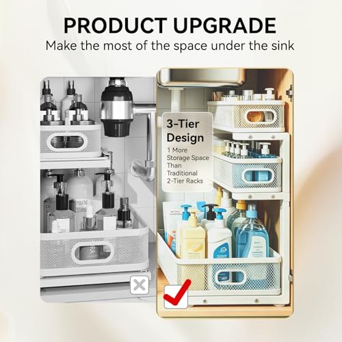 2 Pack 3 Tier Under Sink Organizer with Pull Out Drawer, Height Adjustable Heavy Duty Metal Under Cabinet Organizer, Smooth Sliding Storage Shelf for Kitchen, Bathroom Cabinet Organization, White