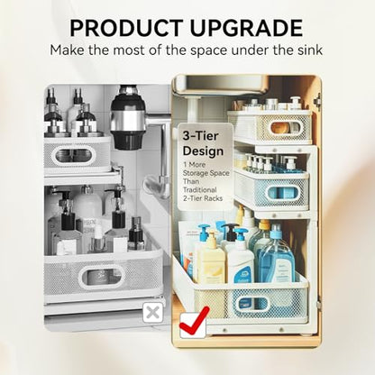 2 Pack 3 Tier Under Sink Organizer with Pull Out Drawer, Height Adjustable Heavy Duty Metal Under Cabinet Organizer, Smooth Sliding Storage Shelf for Kitchen, Bathroom Cabinet Organization, White