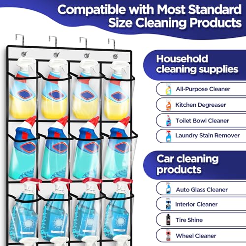 Clear Cleaning Supplies Organizer,Cleaning Products 24 Pockets Large Capacity Over The Door All-Purpose Cleaner Holder for Laundry Bathroom Auto Glass Cleaner Organizer for Garage,Spray Bottle Holder